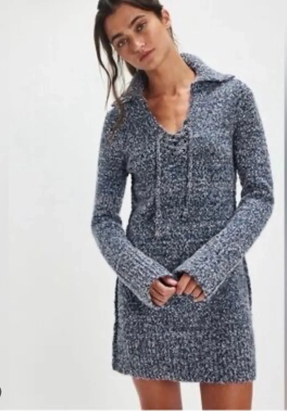 Free People Milena Blue Mini Textured Sweater Dress laced V-neckline Sz. Med NWT